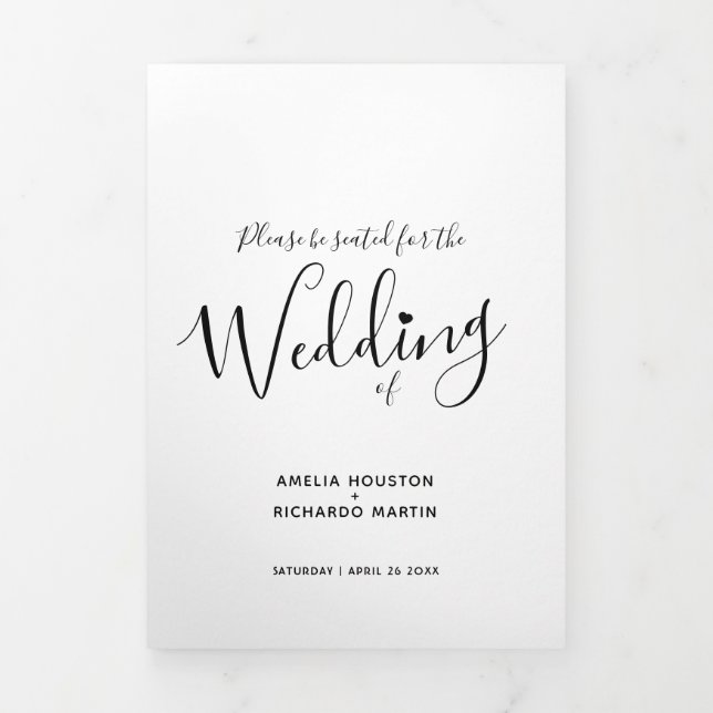 Little white heart script black white mono wedding Tri-Fold program (Cover)