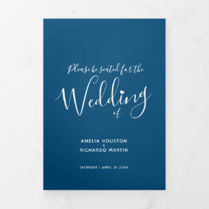 Little white heart script blaue white wedding Tri-Fold program