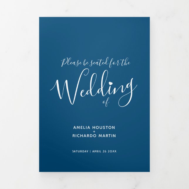 Little white heart script blaue white wedding Tri-Fold program (Cover)
