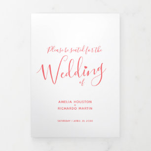Little white heart script coral white wedding Tri-Fold program