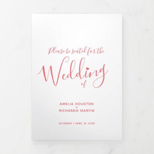 Little white heart script coral white wedding Tri_Fold program