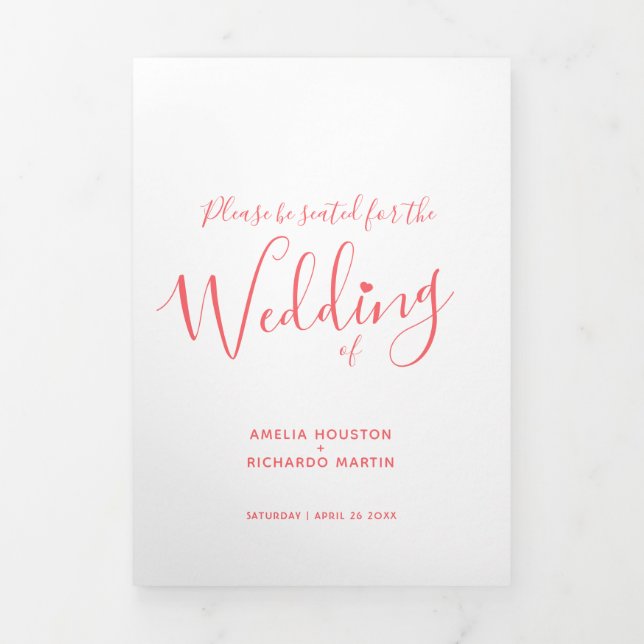 Little white heart script coral white wedding Tri-Fold program (Cover)