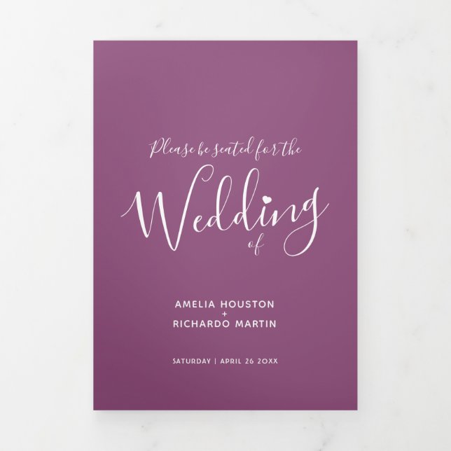 Little white heart script mulberry white wedding Tri-Fold program (Cover)