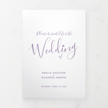Little White Heart Script Purple White Wedding Tri-fold Program by mylittleedenweddings at Zazzle