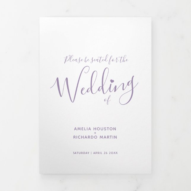 Little white heart script purple white wedding Tri-Fold program (Cover)