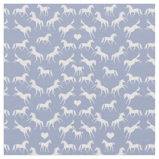 Little White Horses Blue Fabric