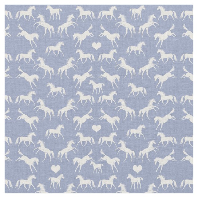 Little White Horses Blue Fabric (Close Up)