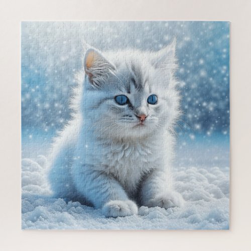 Little White Kitten in Snow Christmas Jigsaw Puzzle