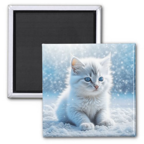 Little White Kitten in Snow Christmas Magnet