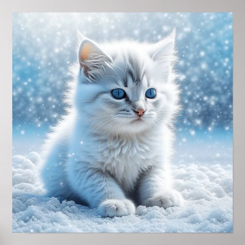 Little White Kitten in Snow Christmas Poster