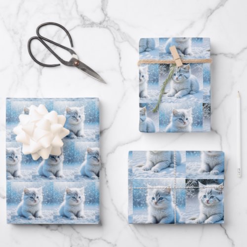 Little White Kittens in Snow Christmas Wrapping Paper Sheets