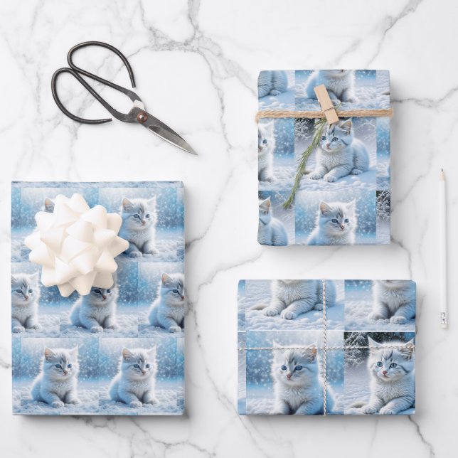 Little White Kittens in Snow Christmas Wrapping Paper Sheets (Front)