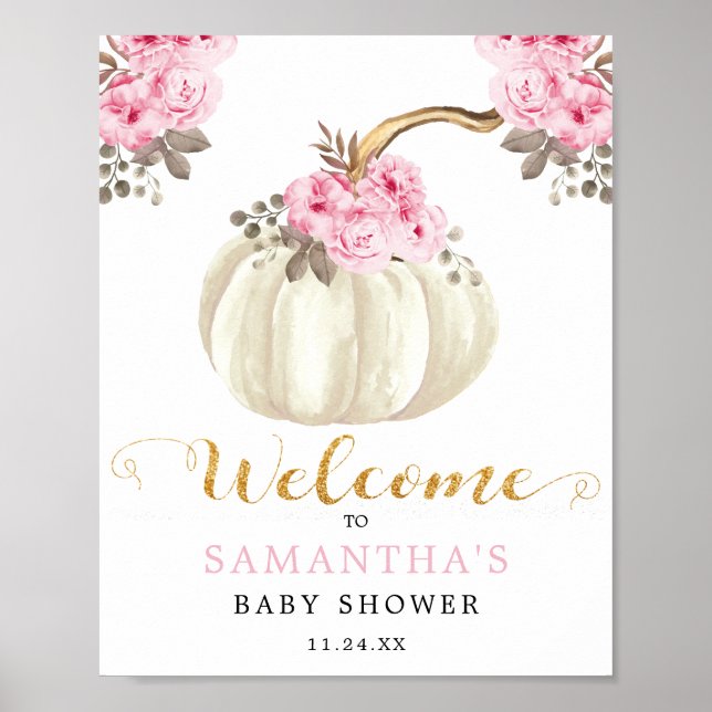Little White Pumpkin Pink Floral Baby Shower Poster (Front)