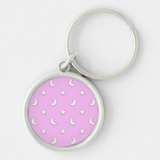 Little White Stars and Moons on Pink Keychain
