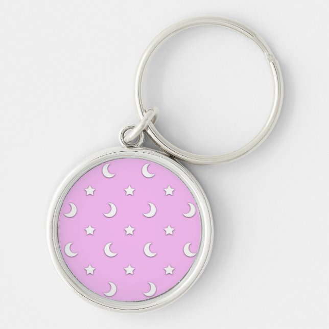 Little White Stars and Moons on Pink Keychain (Front)