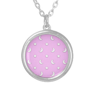 Little White Stars and Moons on Pink Silver Plated Necklace