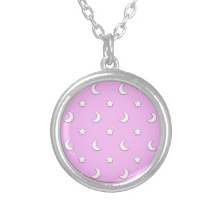 Little White Stars and Moons on Pink Silver Plated Necklace