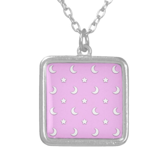 Little White Stars and Moons on Pink Silver Plated Necklace (Front)