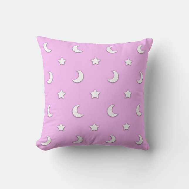 Little White Stars and Moons on Pink Throw Pillow (Front)