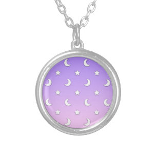 Little White Stars and Moons Pattern Silver Plated Necklace