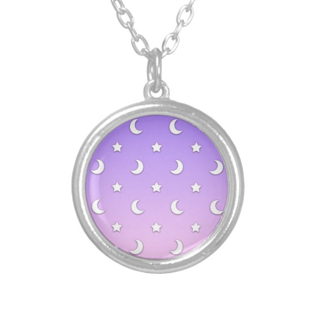 Little White Stars and Moons Pattern Silver Plated Necklace (Front)