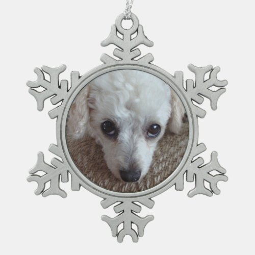 Little White Teacup Poodle Dog Snowflake Pewter Christmas Ornament