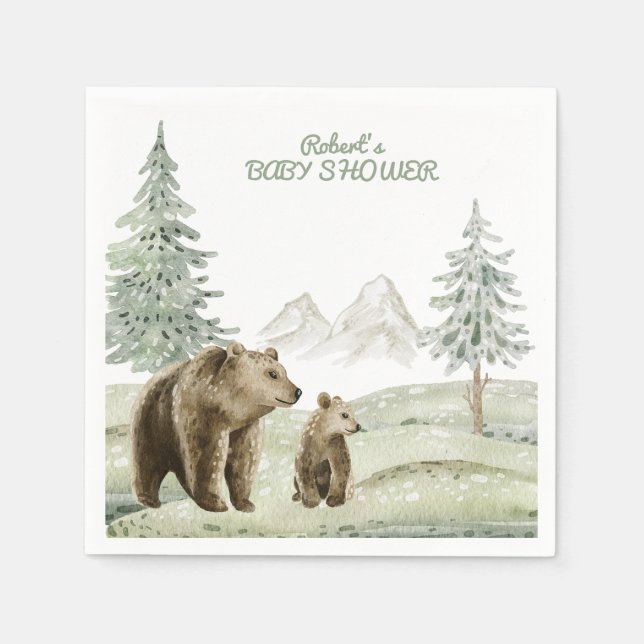 Little wild baby bear forest baby shower card napkins (Front)