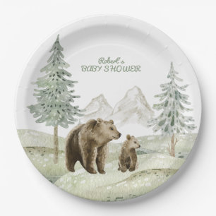 Little wild baby bear forest baby shower card paper plates