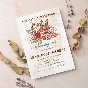Little Wild Forest Mushroom Photo First Birthday Invitation