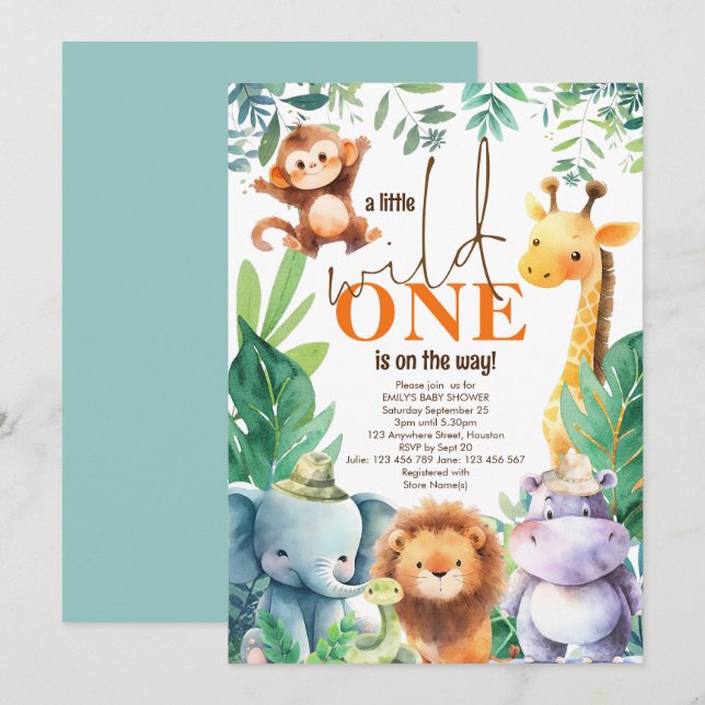 Little Wild One On Way Jungle Animals Baby Shower Invitation (Front/Back)
