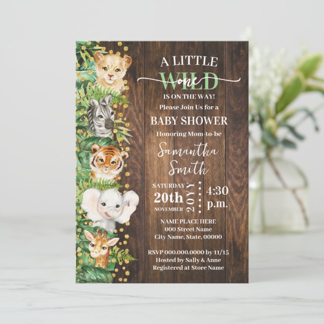 Little Wild One Rustic Safari Animals Baby Shower Invitation (Standing Front)