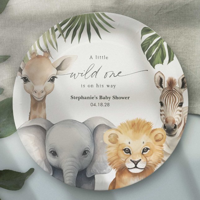 Little Wild One Safari Animals Baby Boy Shower Paper Plates (A little Wild One is on her way, Safari animal baby boy shower party paper plates.)