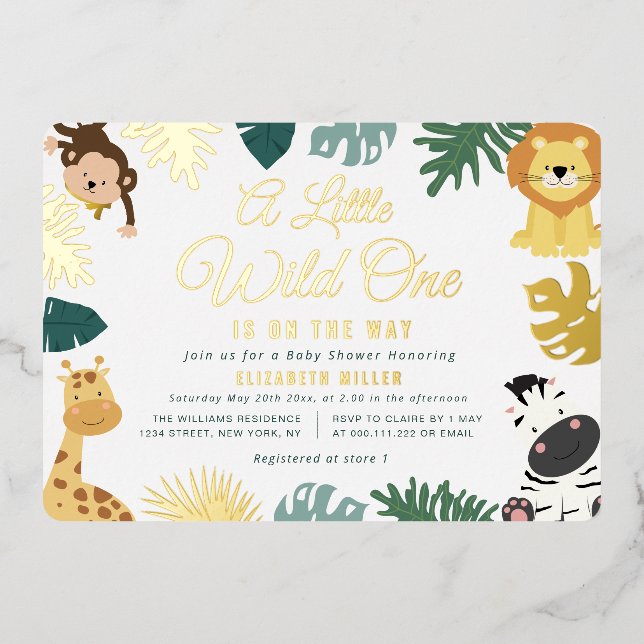 little wild one safari woodland baby shower foil invitation (Front)