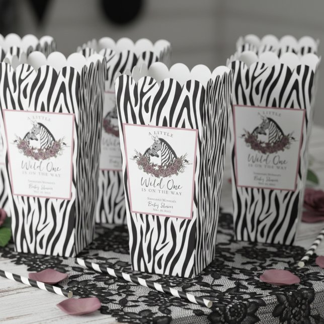 Little Wild One Zebra Safari Baby Shower Popcorn Favor Boxes (Modern Trendy Black and White Zebra Print A Little Wild One Baby Shower Popcorn Favor Boxes for Her)