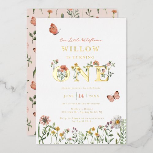 Little Wildflower 1st Birthday Gold  Foil Invitation