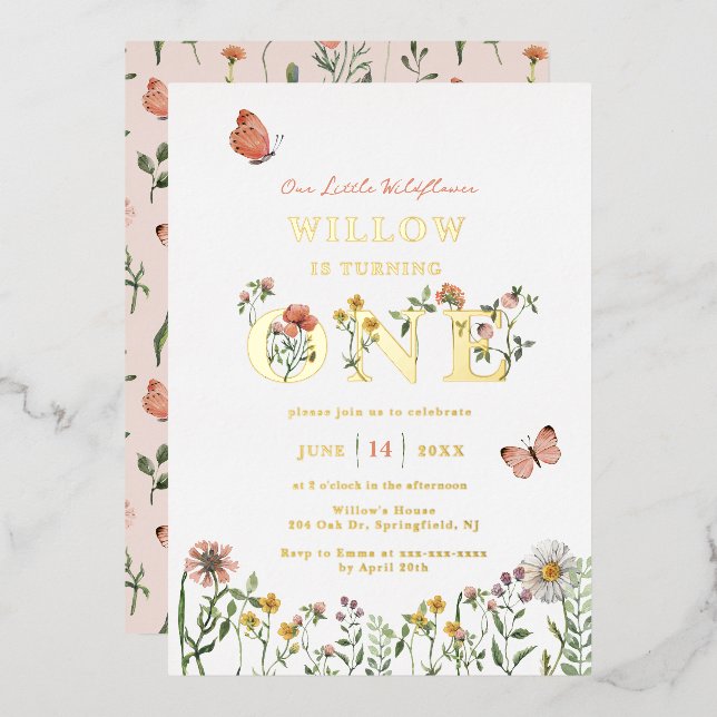Little Wildflower 1st Birthday Gold  Foil Invitation (Front/Back)