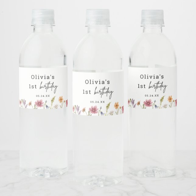 Little Wildflower 1st Girl Birthday Favors Water Bottle Label (Bottles)