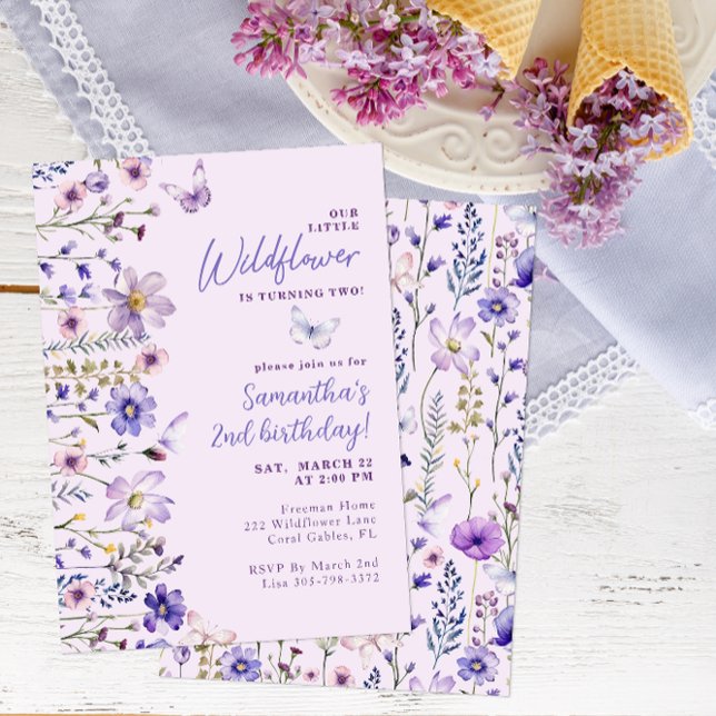 Little Wildflower 2nd Birthday Party Invitation (Purple Wildflower Birthday)