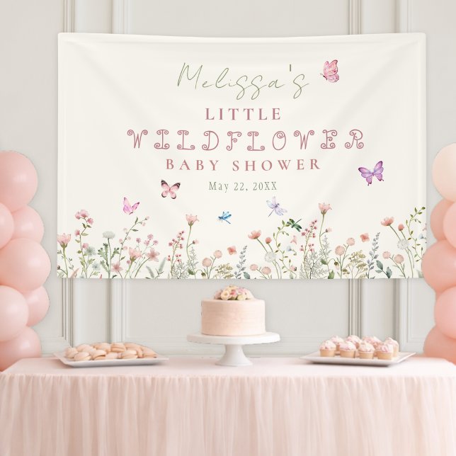 Little Wildflower Baby Shower Backdrop Banner (Elegant wildflower baby shower setup with soft pink balloons and cake table.)