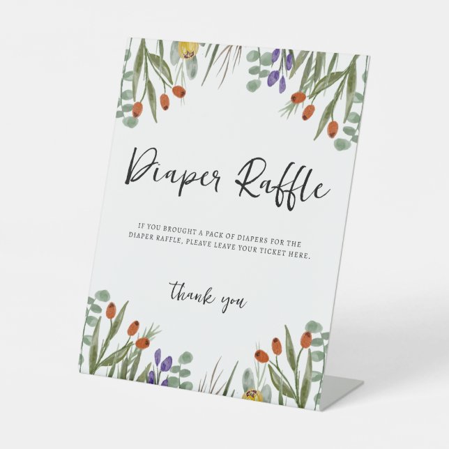 Little Wildflower Baby Shower Diaper Raffle Pedestal Sign (Front)