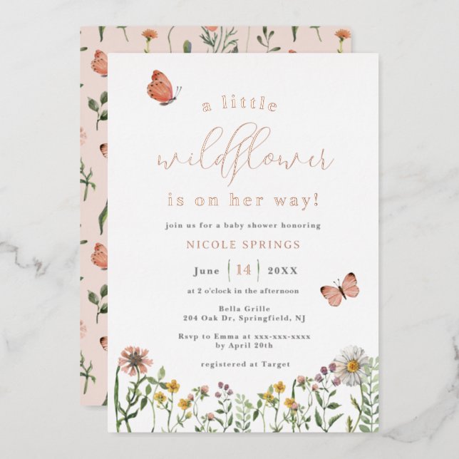 Little Wildflower Baby Shower Rose Gold Foil Invitation (Front/Back)