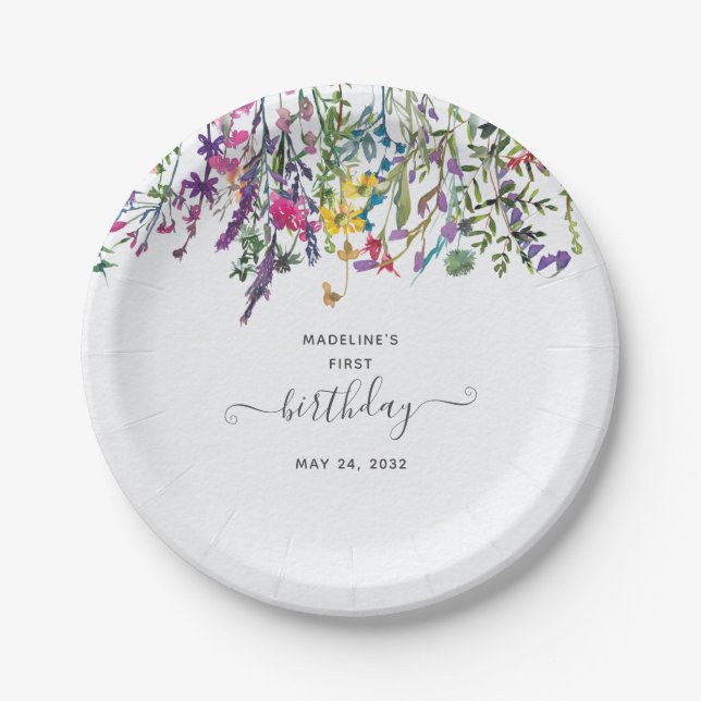 Little Wildflower Birthday Party Paper Plates (Front)