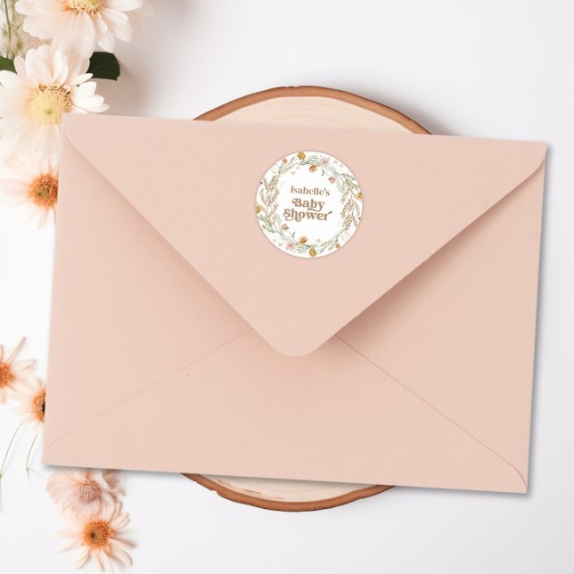 Little Wildflower Boho Nature Theme Baby Shower  Classic Round Sticker (Little Wildflower Boho Nature Theme Baby Shower Classic Round Sticker)