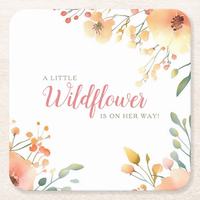 Little Wildflower Boho Watercolor Baby Shower  Square Paper Coaster (Front)