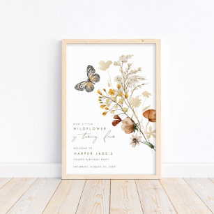 Little Wildflower Butterfly Floral Girls Birthday Poster