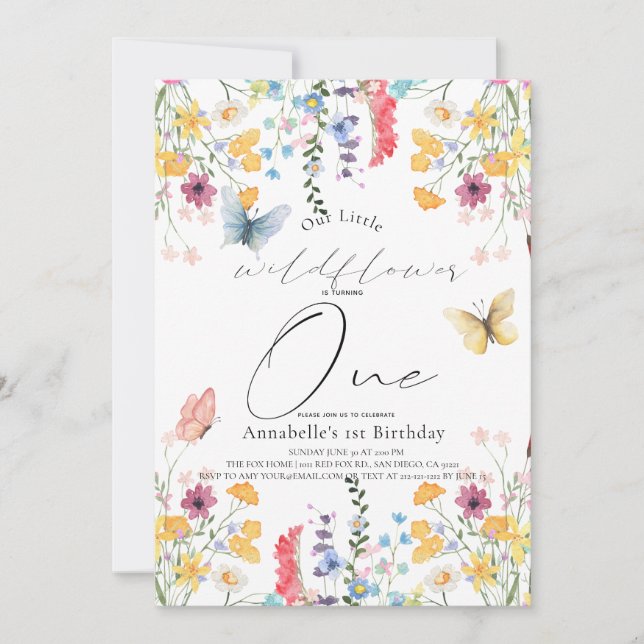 Little Wildflower Butterfly Girl 1st Birthday Invitation (Front)