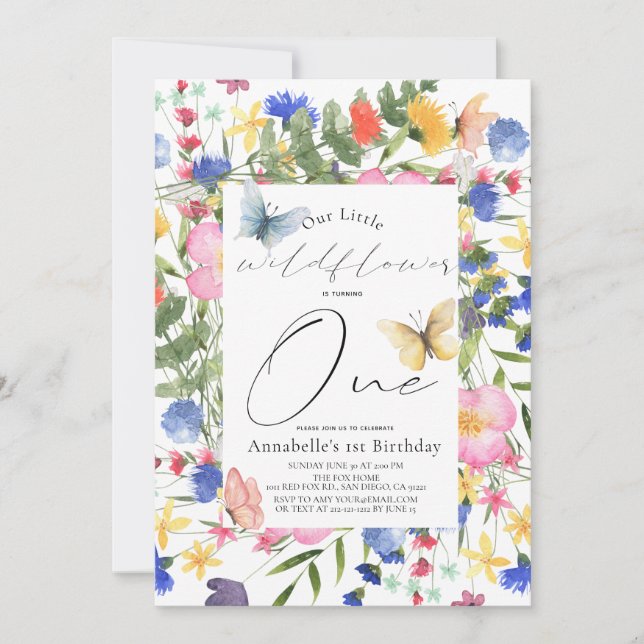 Little Wildflower Butterfly Girl 1st Birthday Invitation (Front)