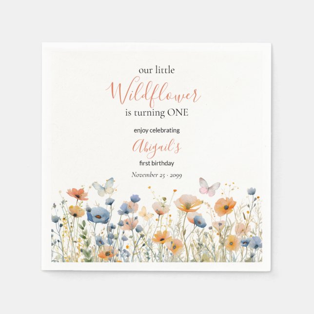Little Wildflower Butterfly Meadow 1st Birthday Napkins (Front)