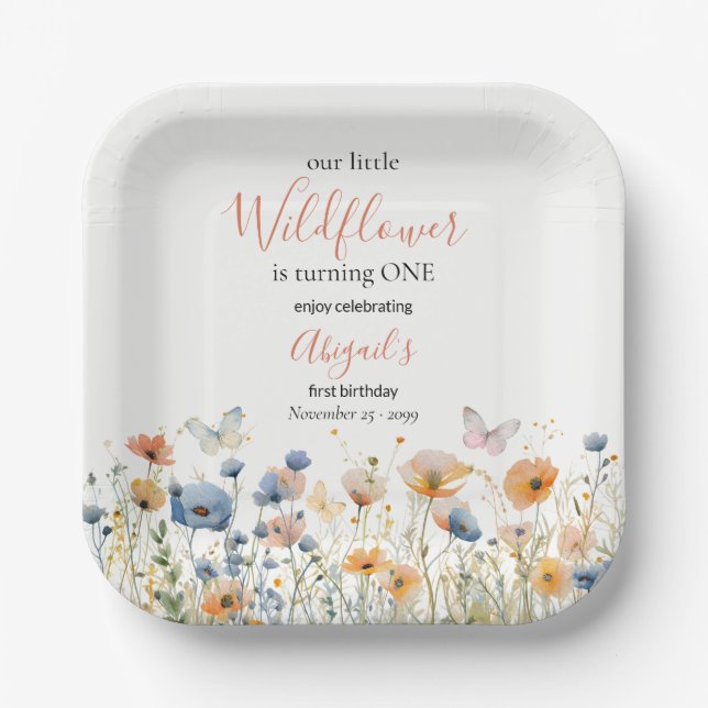 Little Wildflower Butterfly Meadow 1st Birthday Paper Plates (Front)