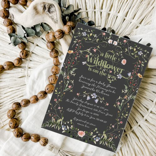 Little Wildflower Dark Modern Floral Baby Shower Invitation